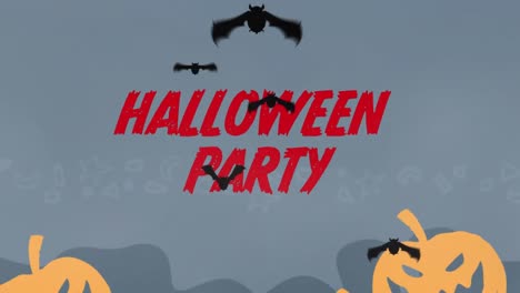 Animation-Von-Halloween-Party,-Kürbissen-Und-Fledermäusen-Auf-Grauem-Hintergrund