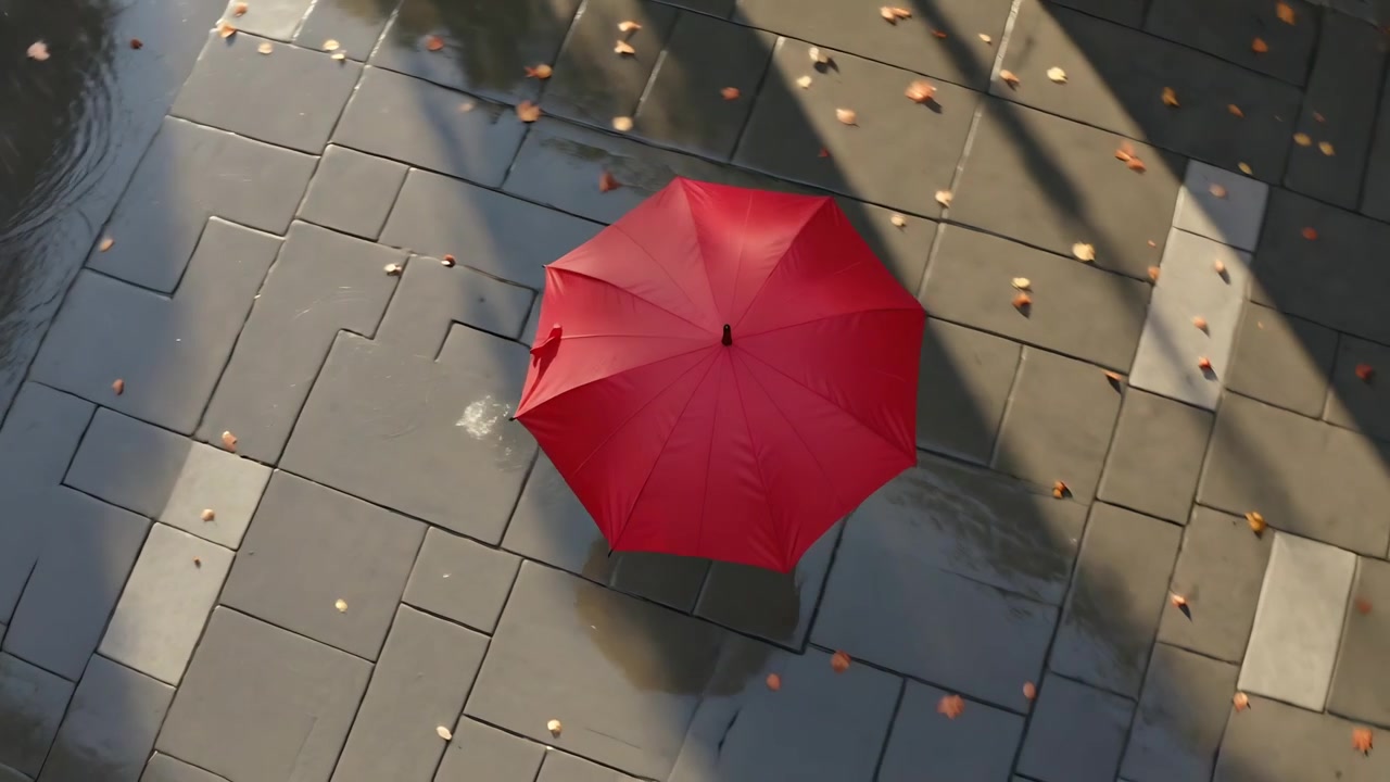 Adulto che cammina sotto un ombrello rosso, attraversando una piazza bagnata ed evitando le pozzanghere per rimanere asciutto.