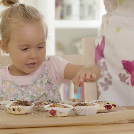 girl watching sugar fall on baked muffins