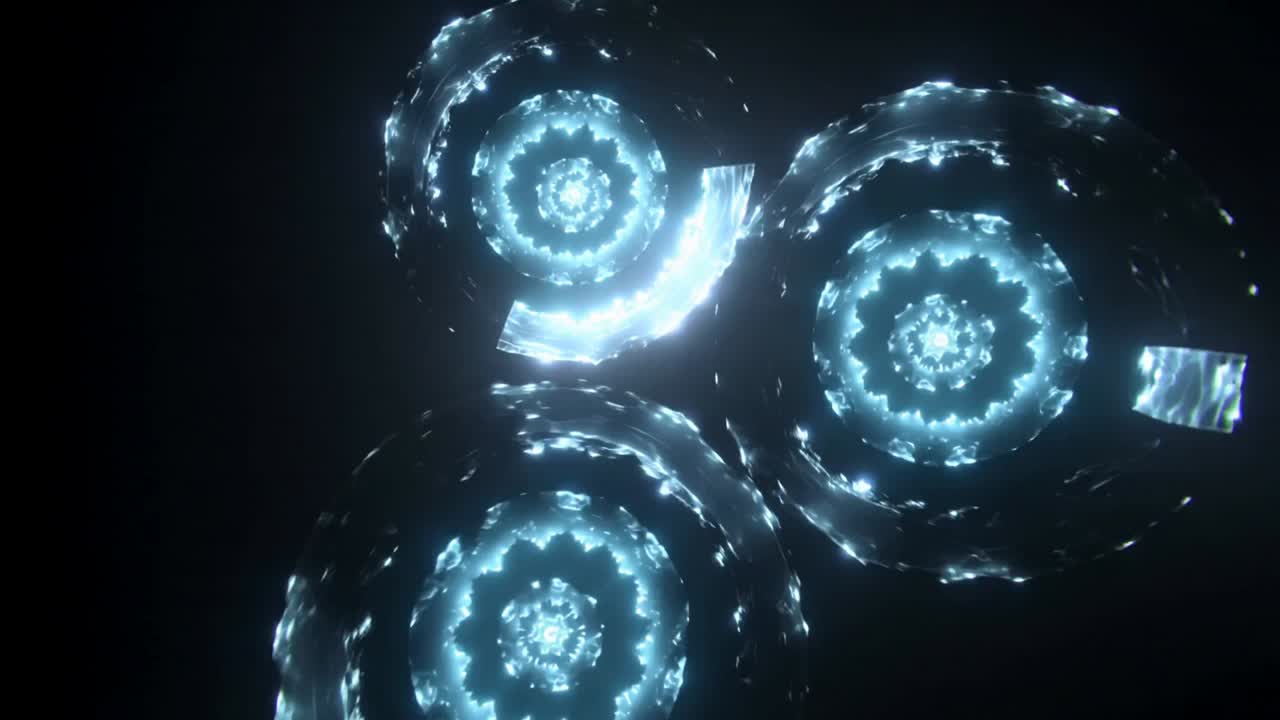 Rotating on start, 3 glowing spirals peeling into ribbons, trailing particles in void, forming trio