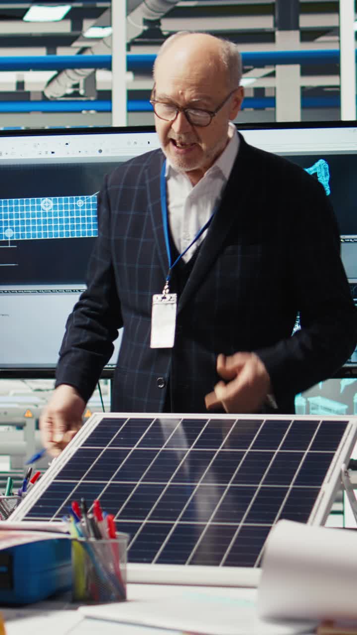 Vertical video Photovoltaics plant researchers meeting to optimize energy production