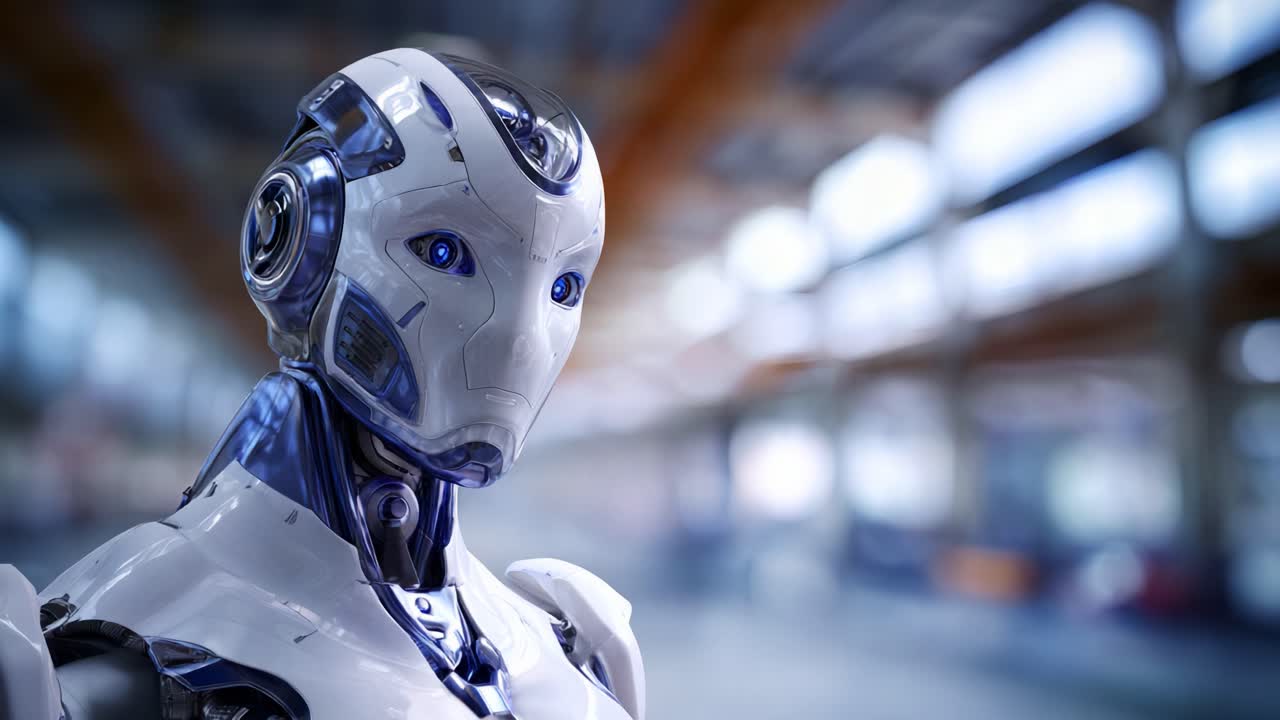 Bulanık bir endüstriyel arka planda, mavi gözleri ve şık design’ı ile ileri teknolojiyi sergileyen fütüristik insansı robot, inovasyonu ve robotik geliştirmeyi vurguluyor