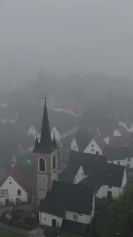 misty village scene