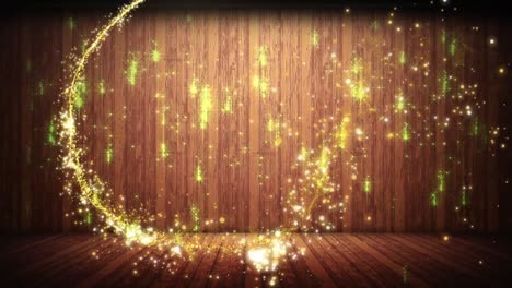 Animation-of-shooting-star-and-green-glowing-light-falling-on-wooden-background