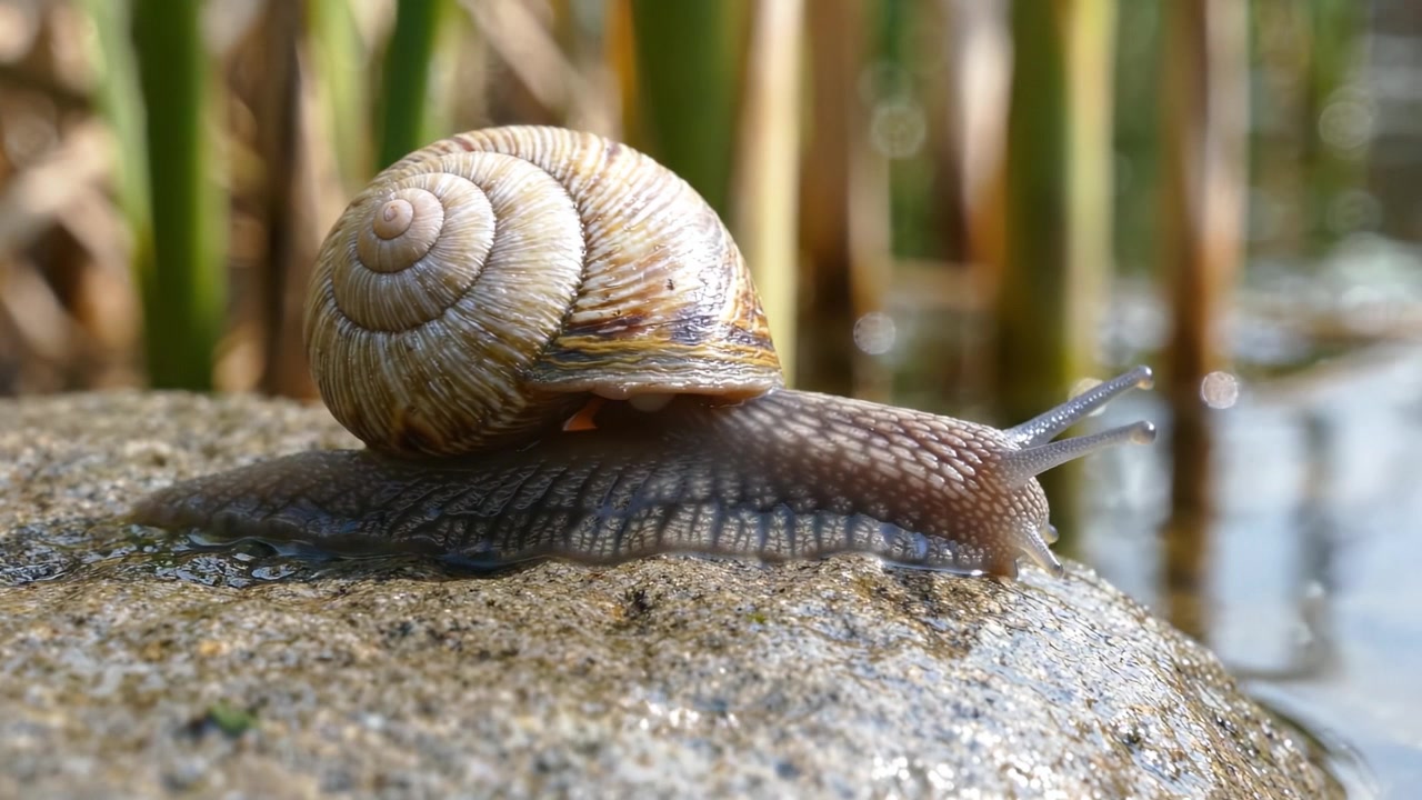 A Close-Up of a Snail on a Rock Near Water, Showcasing Its Spiraled Shell and Delicate Antennae in a Natural Setting with Soft Background Lighting