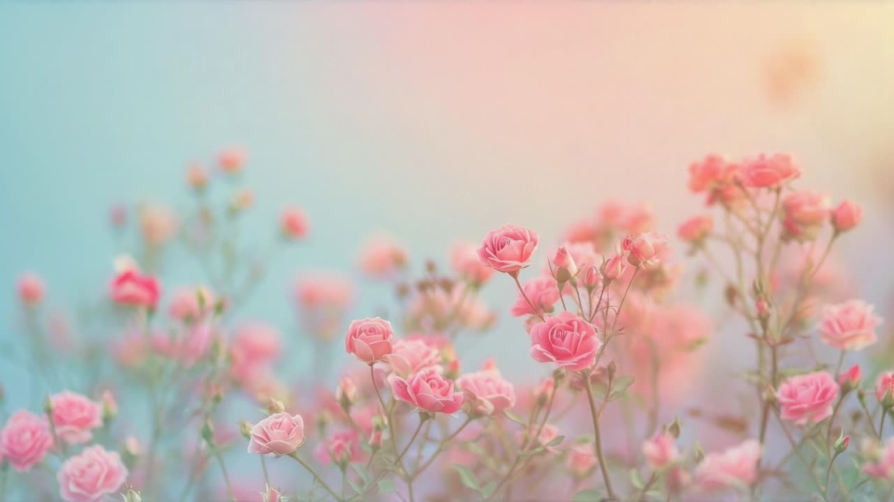 Soft-focus video frame of pink roses in a dreamy, pastel setting