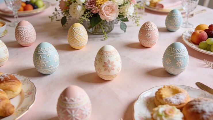 Camera moving forward, pastel eggs becoming central and sharper to showcase spring brunch
