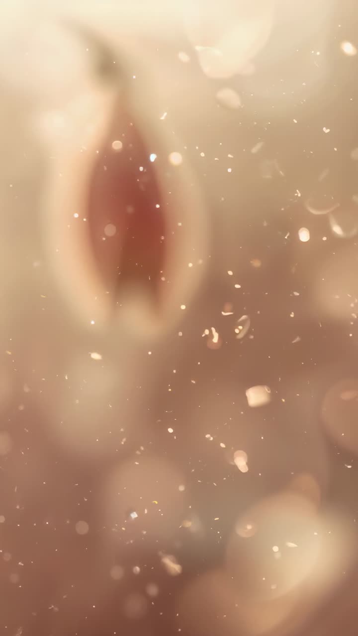 Video verticale: Particelle fluttuanti attraversano un ovale sfocato, un nucleo rosso caldo, in primo piano, mostrando profondità.