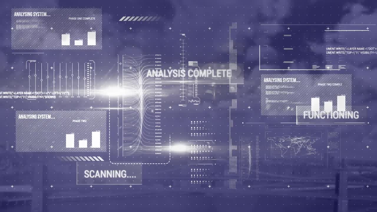 Animation of interface with data processing against aerial view of cityscape