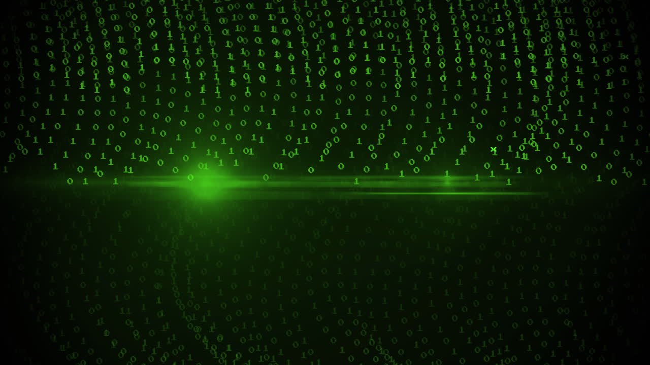 Animation of green binary coding data processing over black background