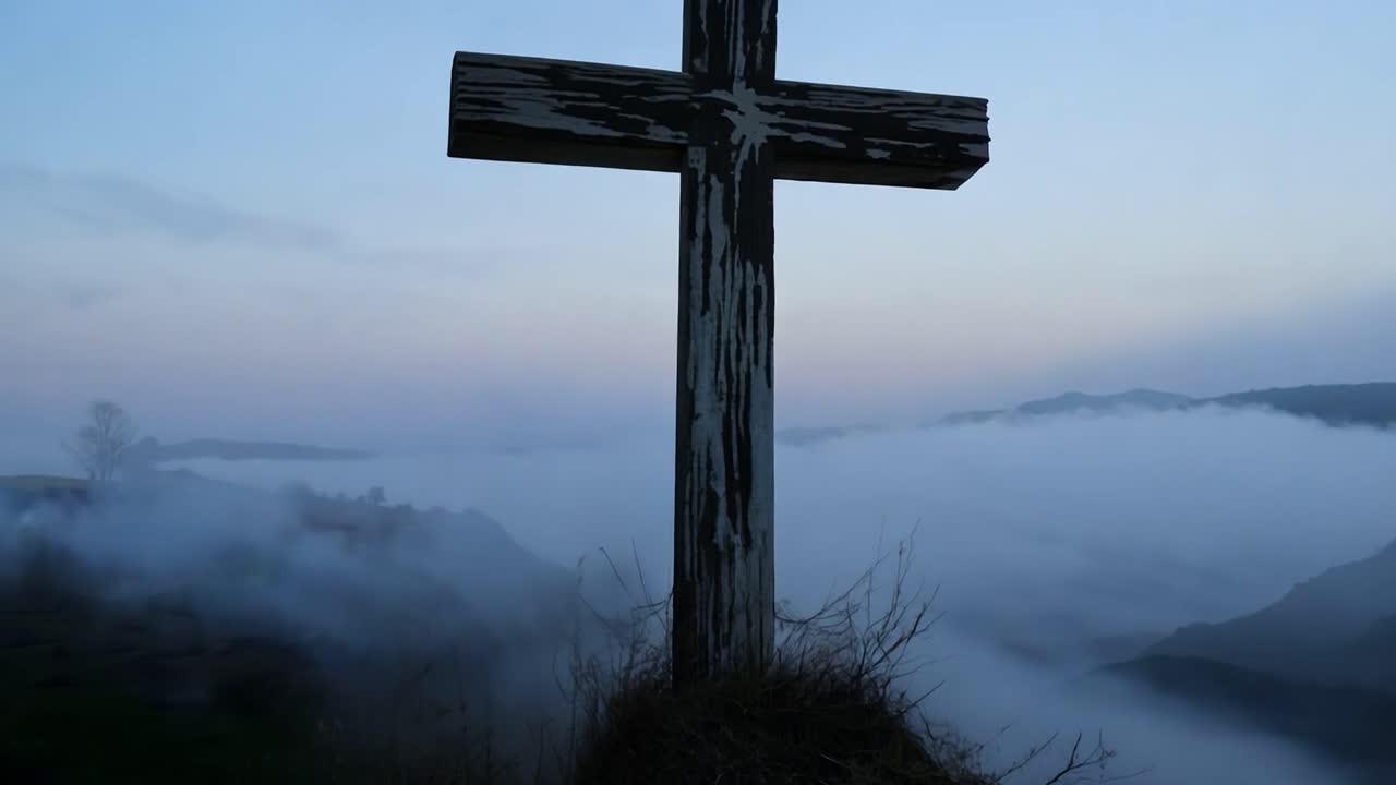 날씨가 변한 나무 십자가는 언덕 꼭대기에 서서 안개로 가득 찬 계곡을 내려다보고 조용하고 영적인 풍경을 만니다.