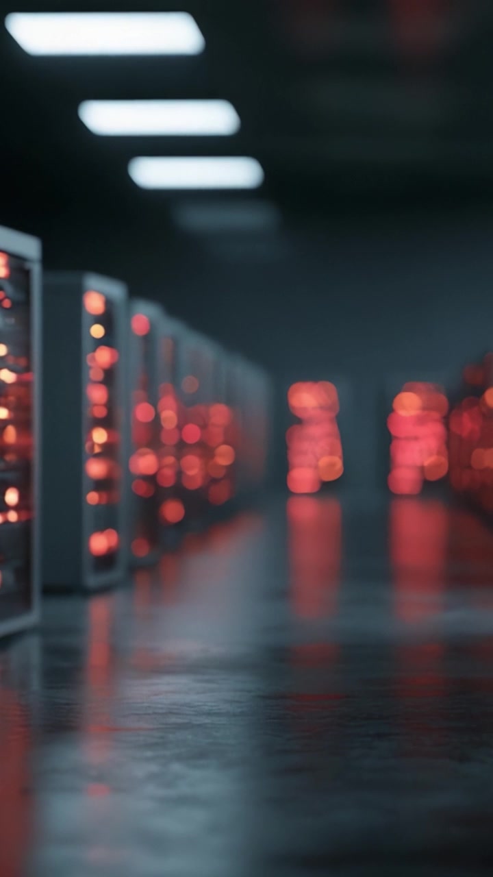 En fængslende udsigt over et futuristisk datacenter fyldt med glødende servere i et dæmpet belyst miljø, der fremviser teknologi og innovation i den digitale tidsalder.
