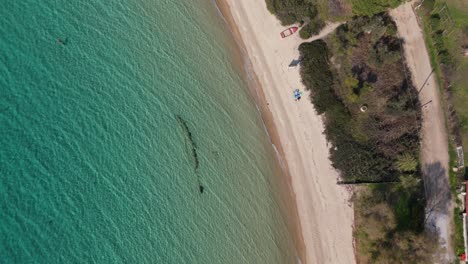 Top-down-aerial-view-of-the-amazing-Kalogria-beach-in-Sithonia-Chalkidiki-Greece