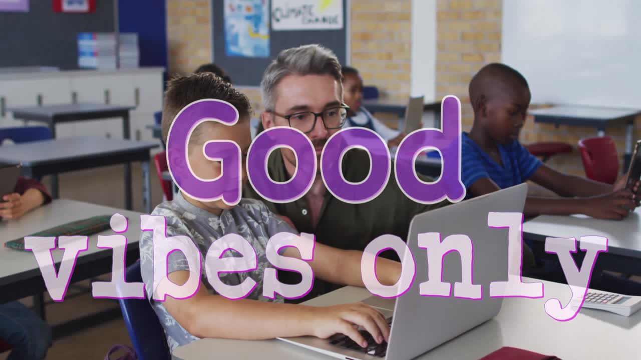 Animation of good vibes only text over caucasian teacher with schoolboy using laptop