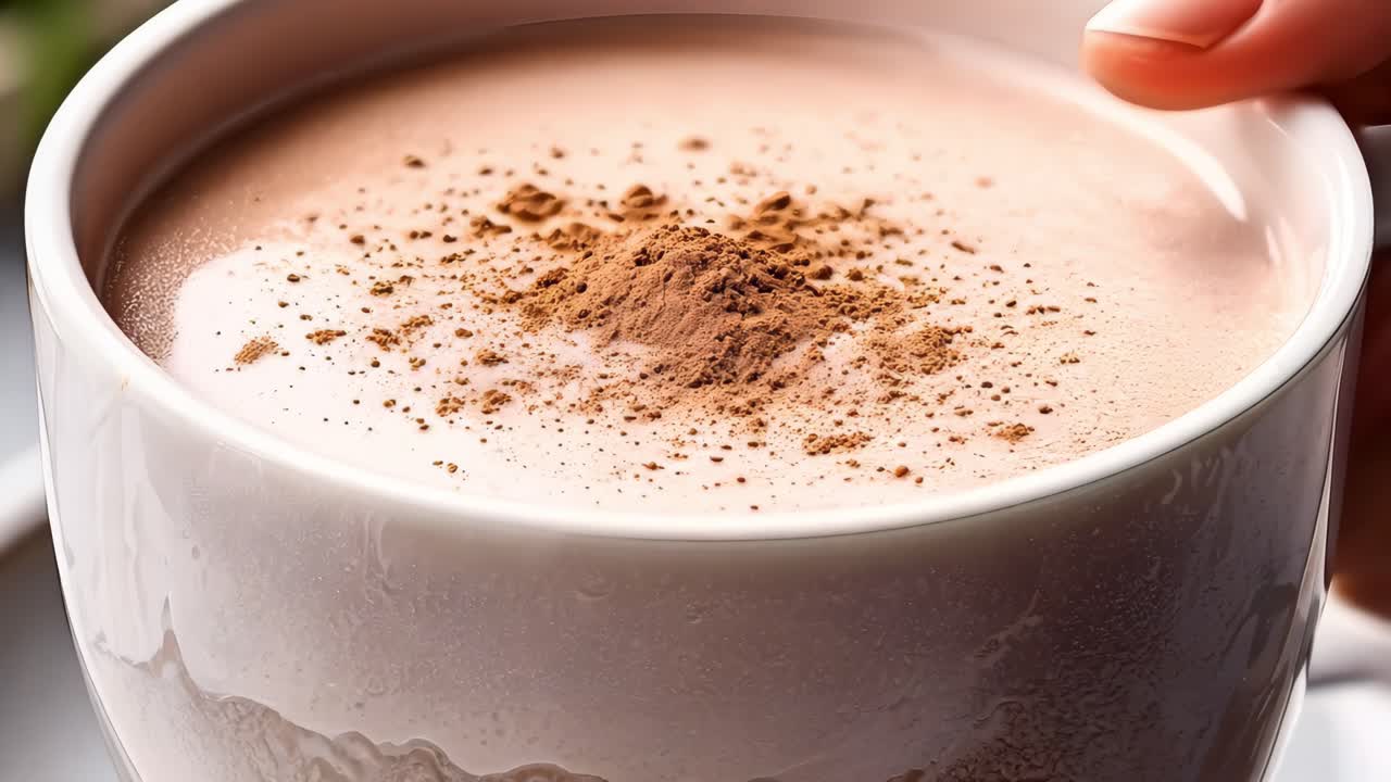 Soft sunlight streaming across scene, delicate female hand cradling steaming white mug with rich hot chocolate, cocoa powder gently dusting creamy surface, embodying winter comfort