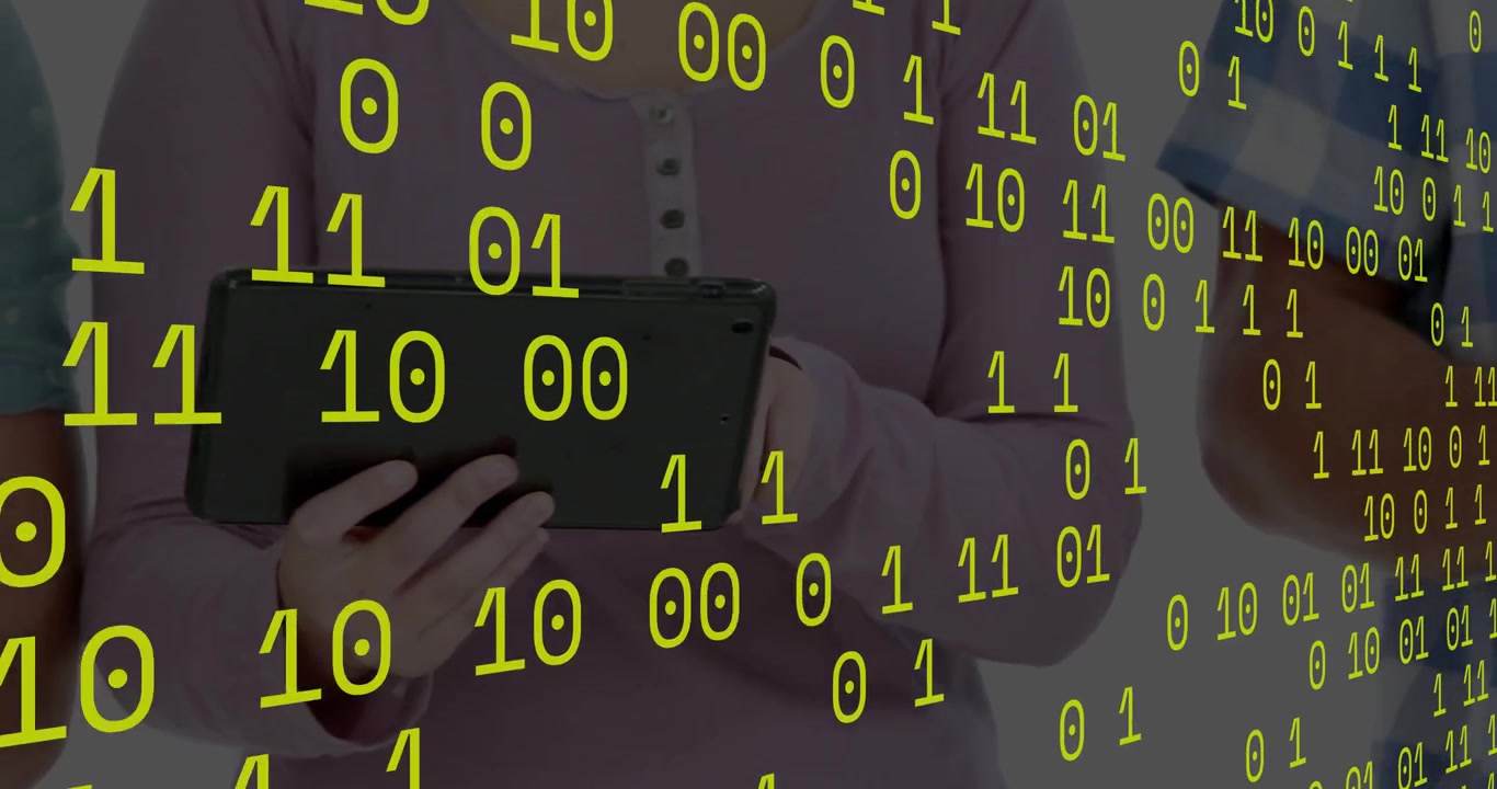 Binary digits flowing driving users tapping swiping and scrolling in tech demo while code fading