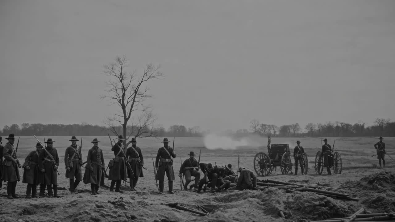 Black and white video still of soldiers in WWI uniforms, captured from a low angle