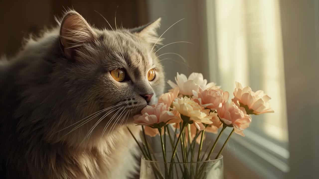 Kucing berbulu panjang mengendus sambil bersandar ke jendela, cahaya matahari hangat menarik perhatian kucing, menyentuh bunga di vas kaca