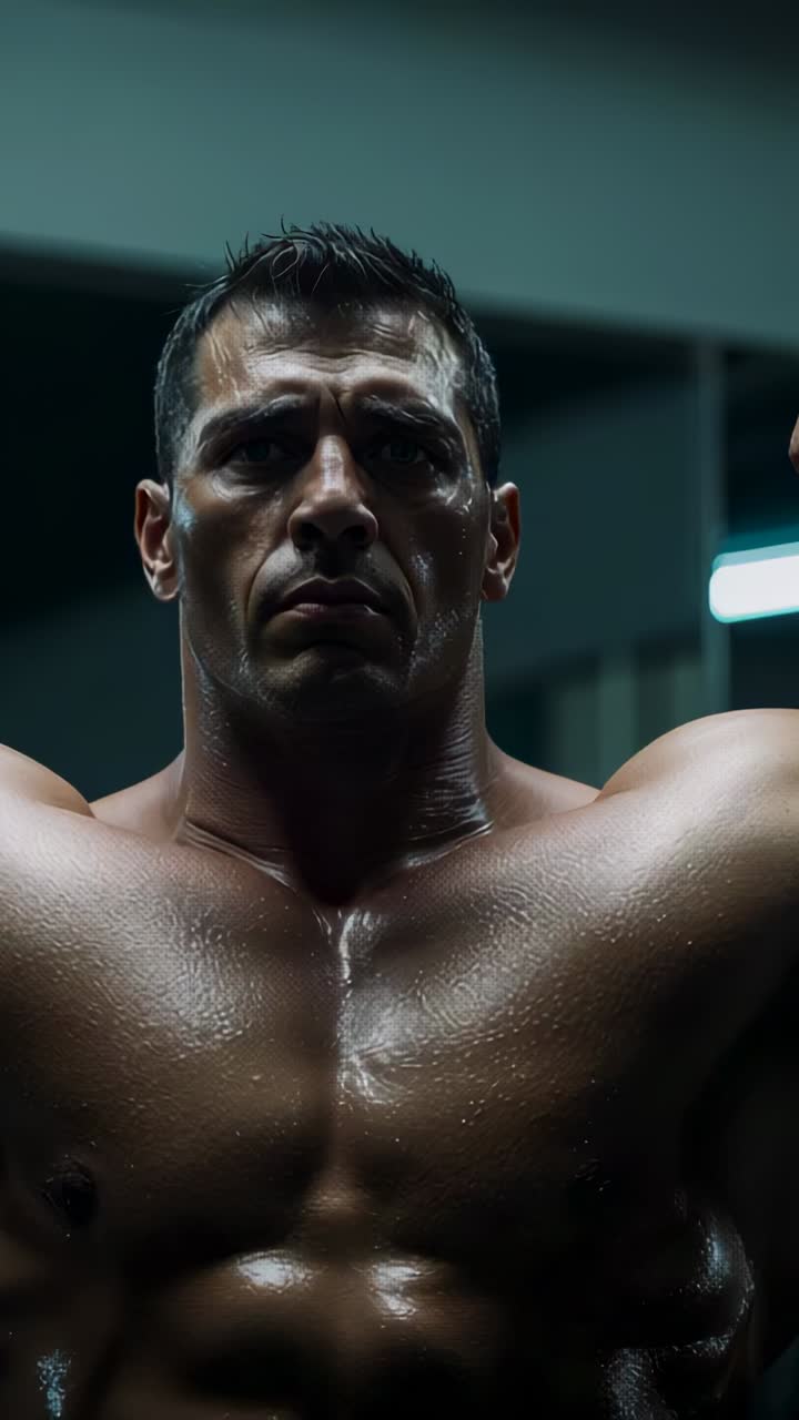 Vertical video: Camera starting shirtless man holding chest pose at gym for posing with light sweat