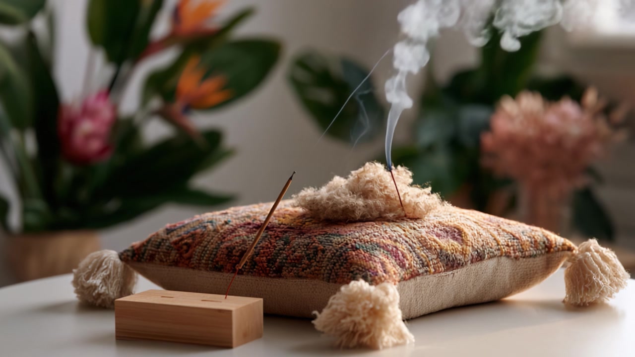 Una scena serena con incenso che brucia su un morbido cuscino decorativo circondato da una vegetazione lussureggiante, creando un'atmosfera tranquilla in un ambiente accogliente.