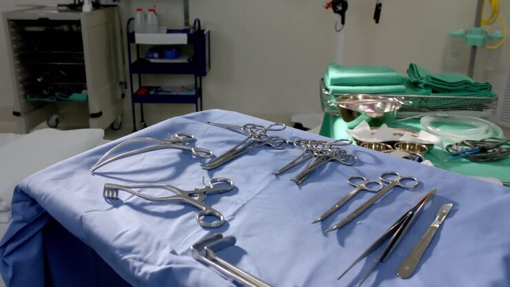 Close up of surgical instruments on table in operating theatre at hospital, slow motion