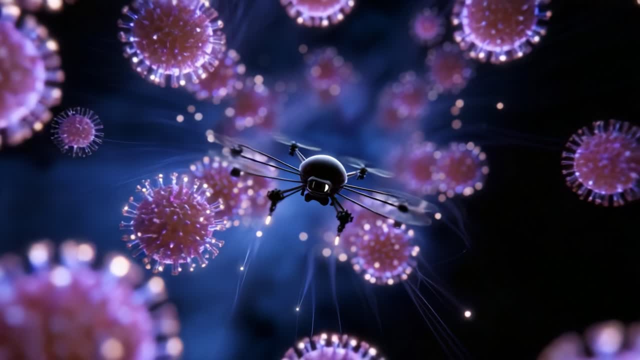 A Futuristic Exploration of Nanotechnology: A Drone Navigating Through a Sea of Colorful Viral Particles, Illustrating Cutting-Edge Concepts in Medicine and Robotics in a Hypothetical Scenario
