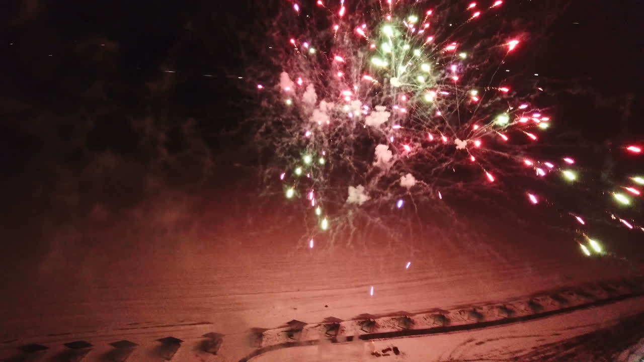 Festive fireworks display. Magical winter evening. Aerial view
