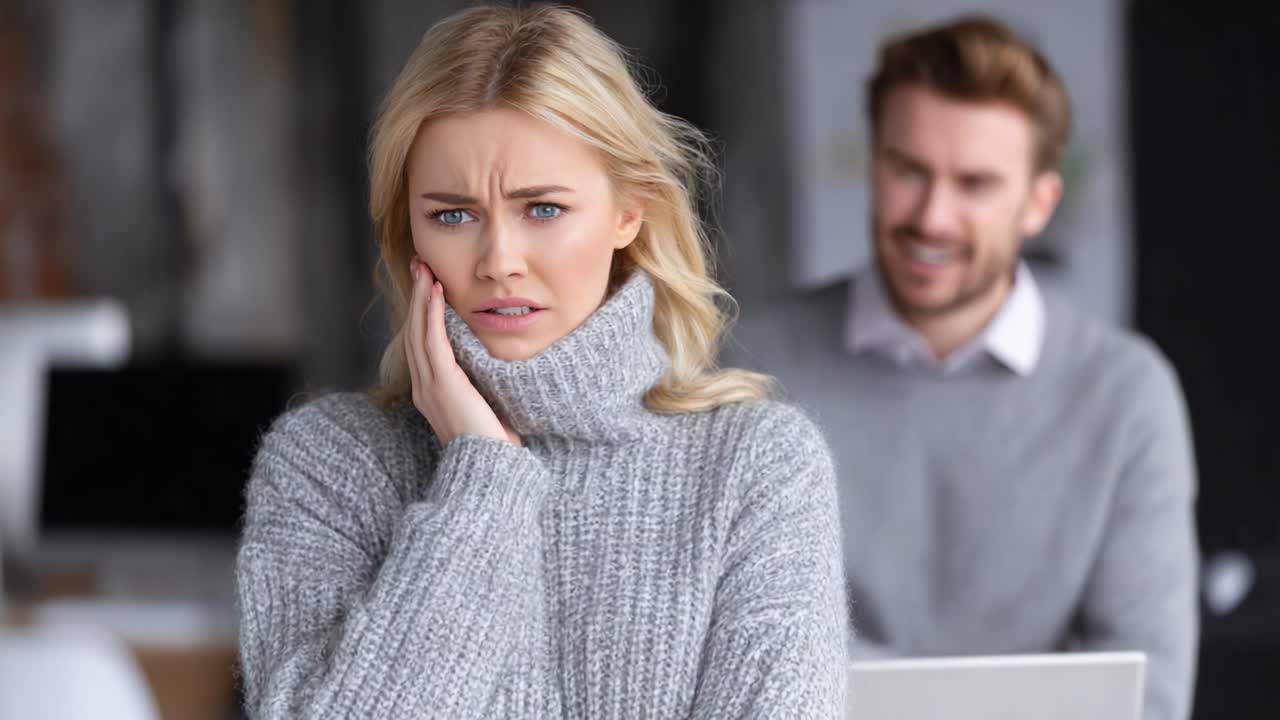A thoughtful expression captures the emotional contrast between a concerned woman in a cozy sweater and a man who seems to find amusement in the background