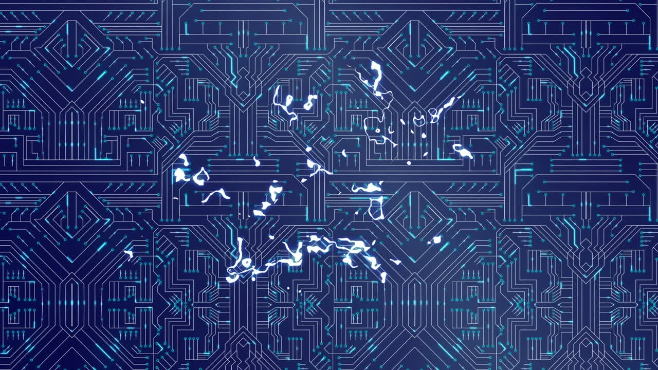 Animation of glowing white liquid light over blue computer motherboard