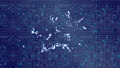 animación de luz líquida blanca brillante sobre la placa base de la computadora azul