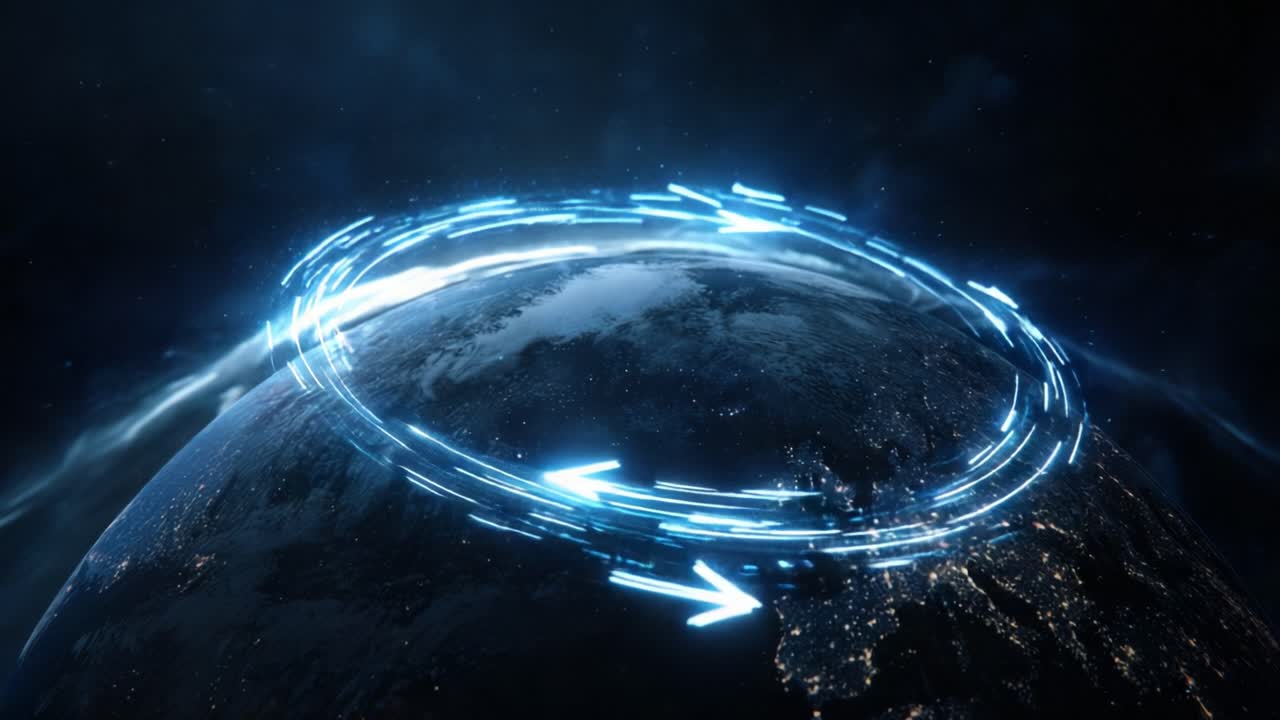 Futuristic blue data streams with glowing arrows orbiting planet Earth, symbolizing global communication, internet technology, worldwide networking, and the constant flow of information