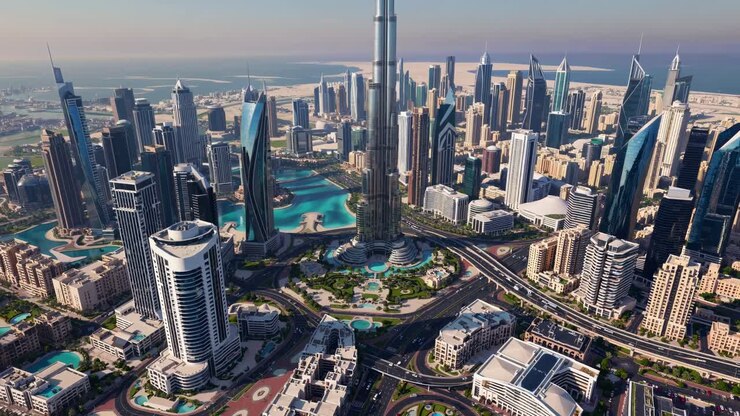 Multiple views of a modern metropolis showcase its impressive architecture, featuring the iconic Burj Khalifa and other prominent skyscrapers