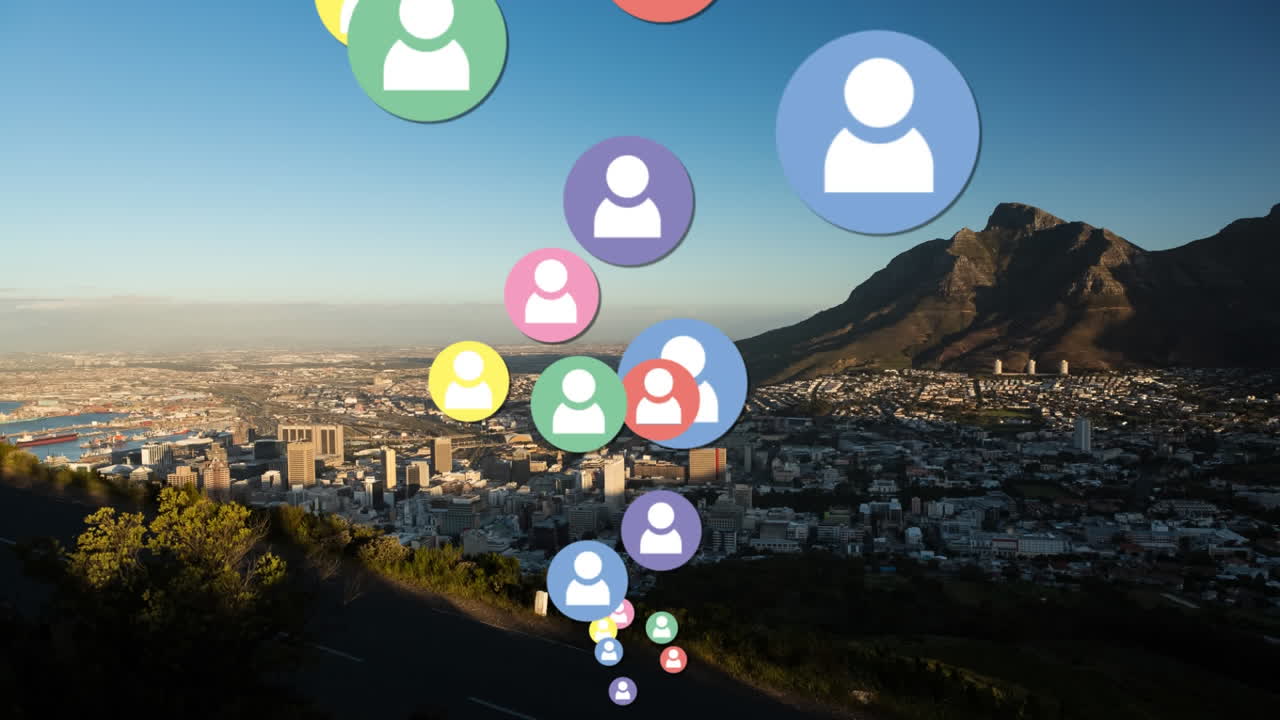 люди иконы и сеть с ландшафтом на заднем плане