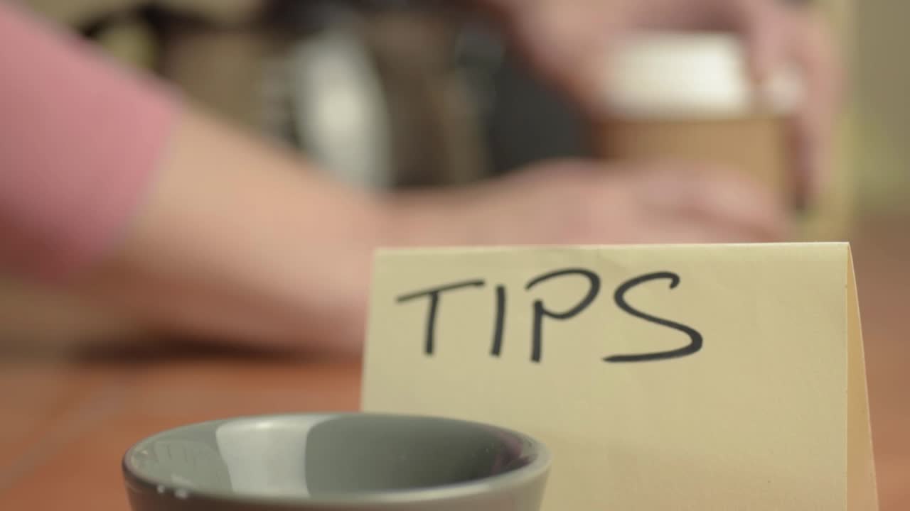 Tipping bowl in cafe with person getting coffee in background