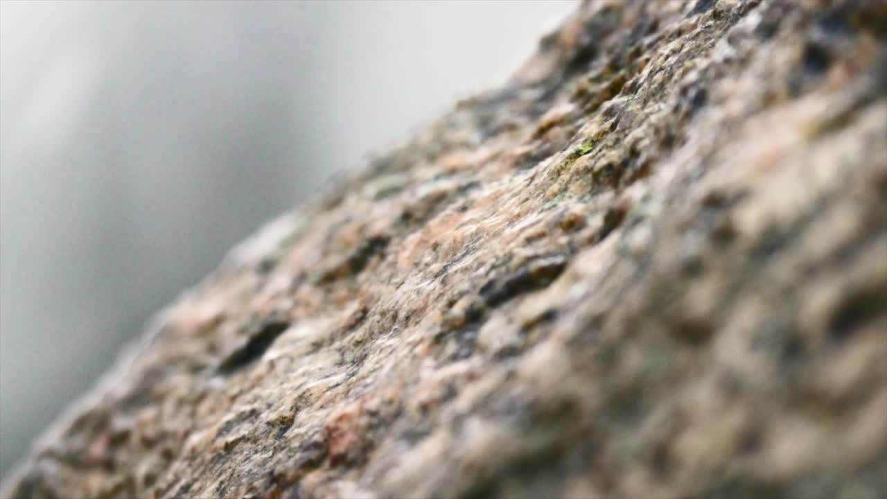 오래 된 돌 거석 바위 고인돌에 떨어지는 눈의 근접 촬영