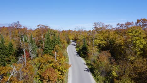 aerial, road surrounded by colorful autumn landscape
