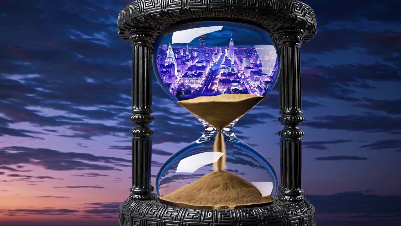 Sanduhr mit Stadtbild in der Dämmerung