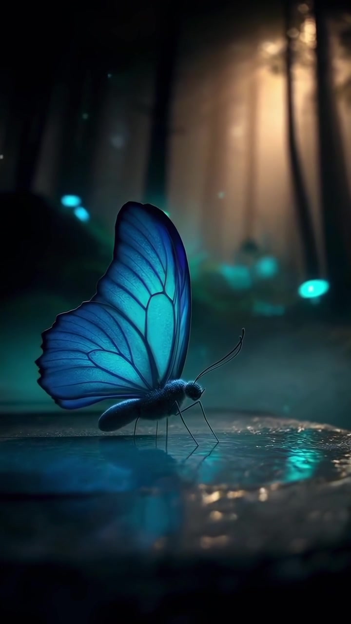 Farfalla blu vivace sull'acqua in una foresta mistica