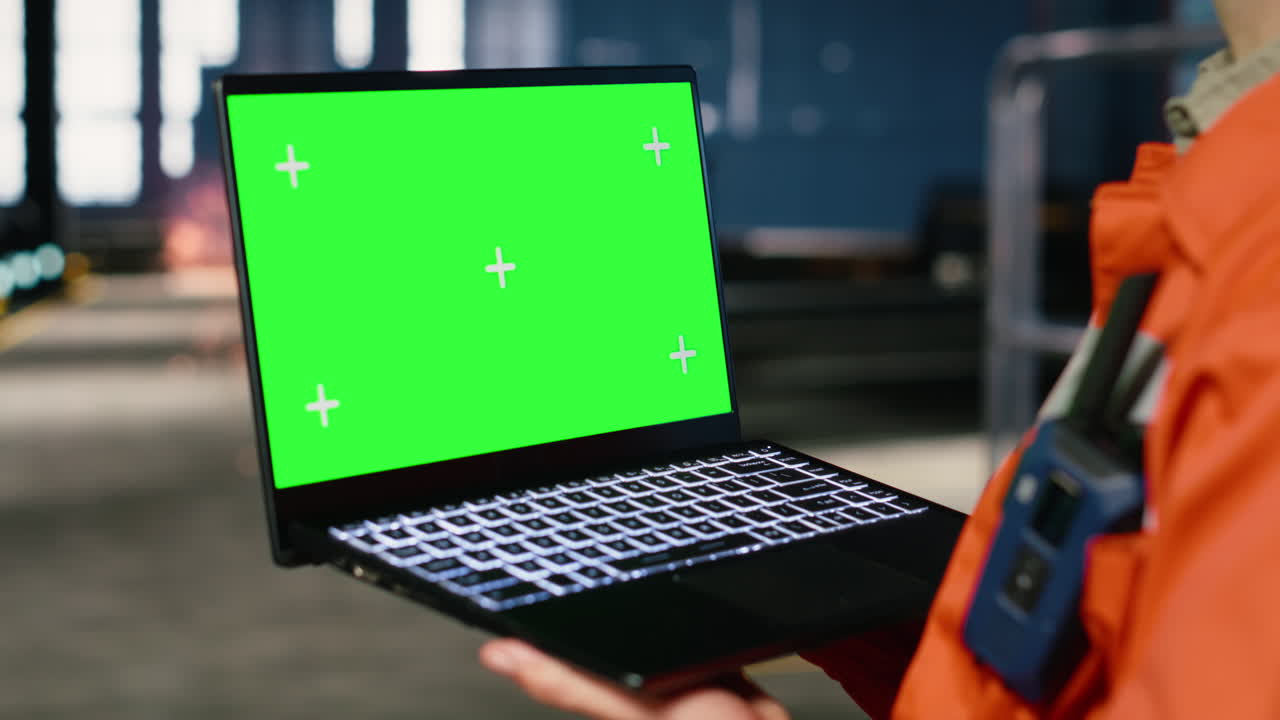 Chroma key laptop with man in uniform handles equipment in warehouse facility