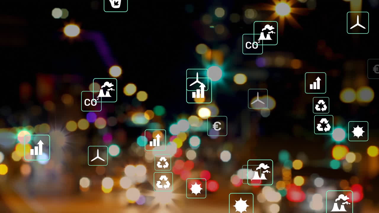 도시의 거리에서 움직이는 흐릿한 차량 위의 원에서 아이콘의 애니메이션