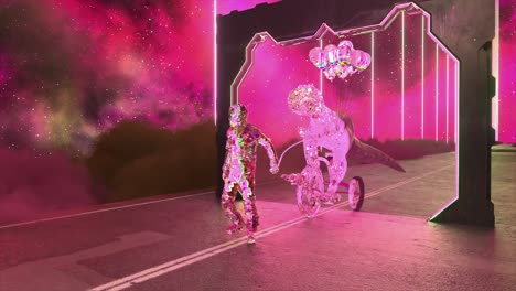 astronaut and dinosaur ride through a neon pink gateway