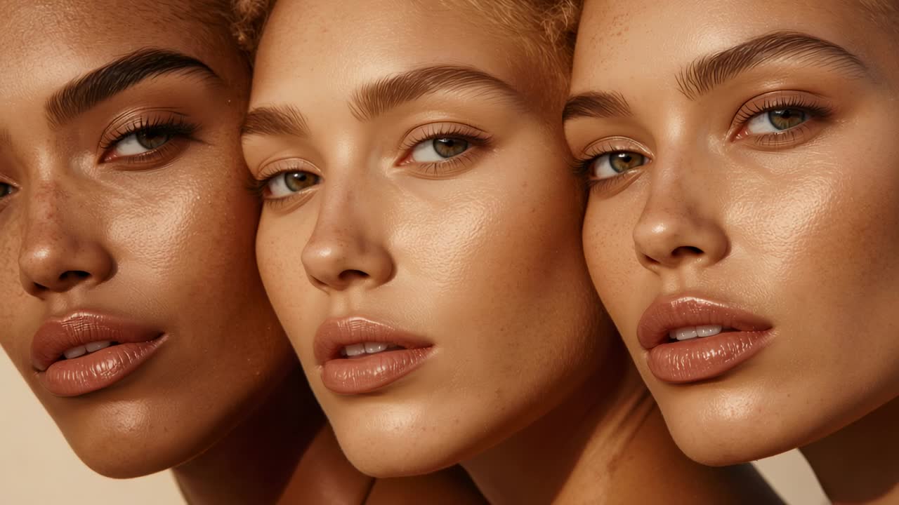 Tilting heads, three models taking director cue in studio showing faces makeup and bare shoulders