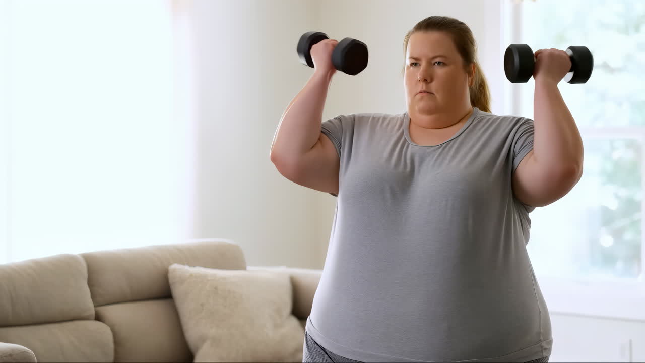 Mulher com sobrepeso se exercitando com halteres em sua sala de estar