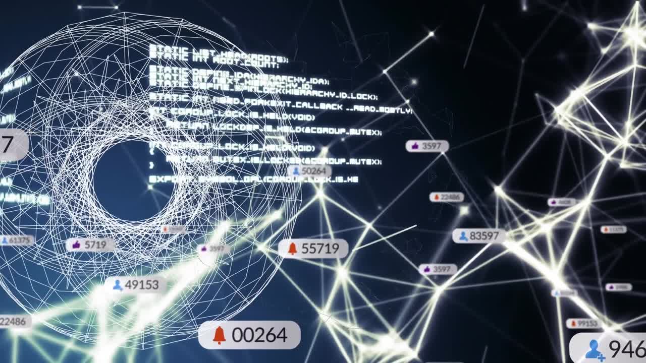 Animation of media icons and network of connections over circles