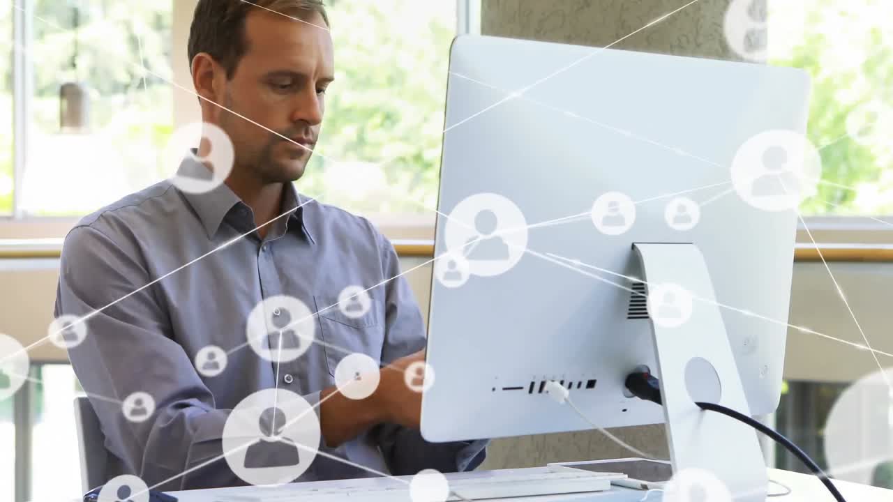 Animation of network of connections with icons over businessman using smartphone