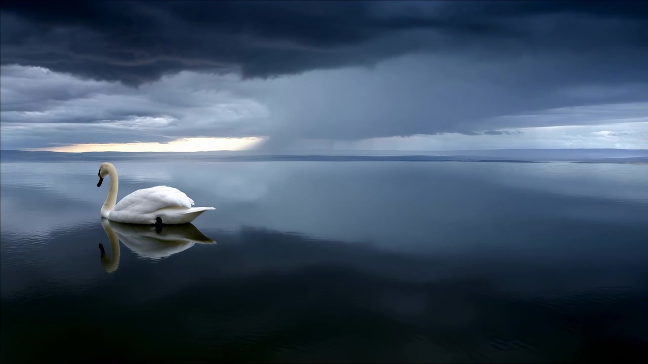 A serene swan gracefully floating on water beneath a cloudy sky with light rays, captured from a top-down perspective. This tranquil nature scene, with its calming blue and white tones, isa.