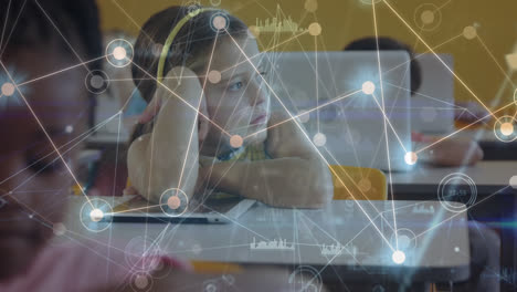 Animation-of-network-of-connections-with-data-processing-over-caucasian-schoolgirl-using-tablet