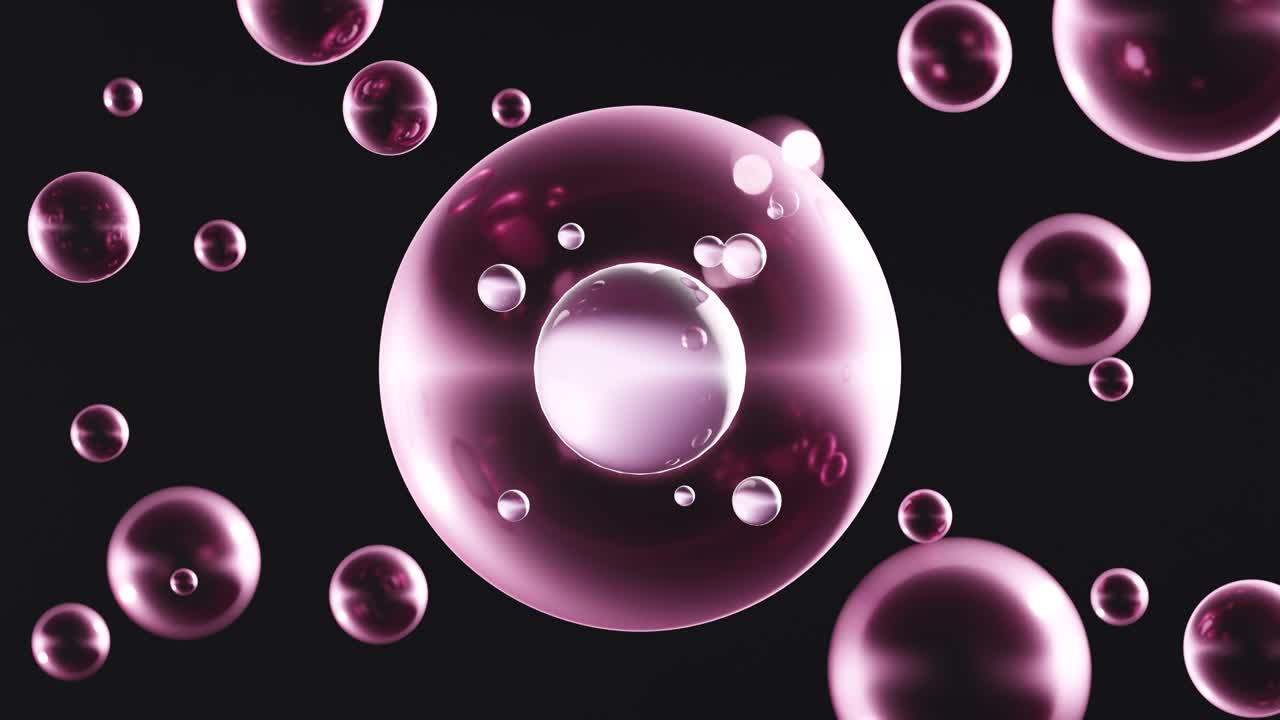 Dark background with transparent spherical bubbles and DNA strands. 3d animation