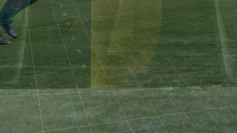 animation of financial data and graphs over legs of male soccer players on sport field