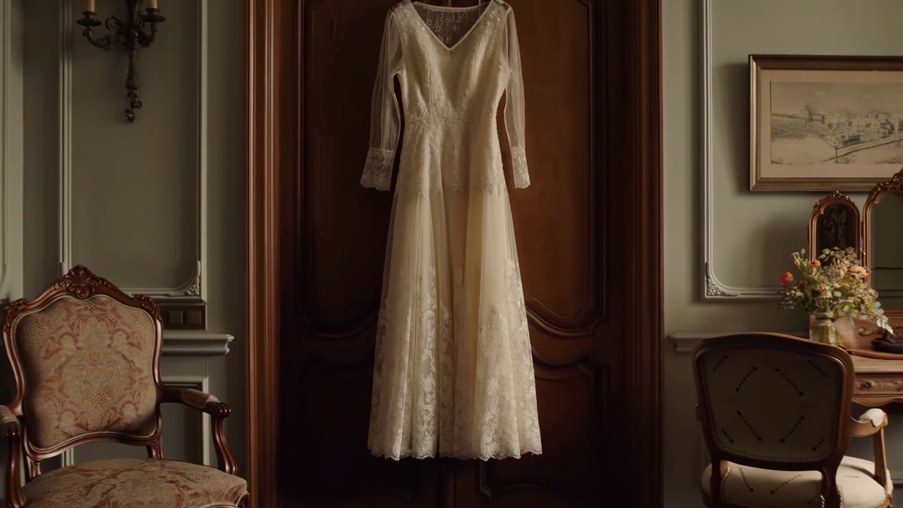 Lace Wedding Dress Hanging On Door, Soft Warm Light, Antique Armchair And Vanity Beside, Vintage Hotel Room